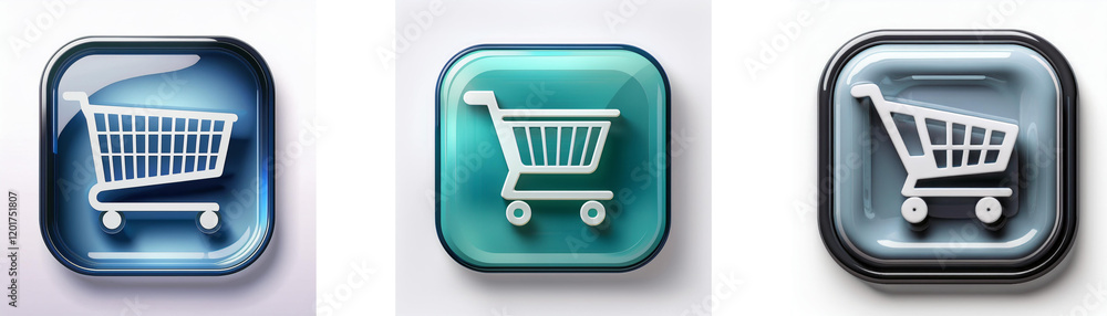 Poster three glossy square buttons feature a shopping cart icon in varying shades of blue and green. each b