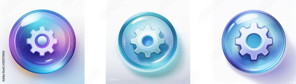 Leinwandbilder three glossy, spherical buttons feature a gear icon; each button displays different color gradients.