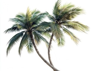 majestic coconut palm trees swaying against a pristine sky, detailed fronds casting intricate shadows, photorealistic rendering with soft natural lighting and isolated composition