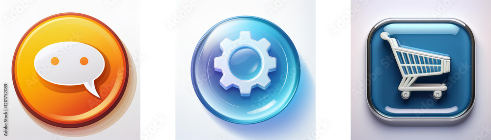 Poster Three glossy buttons depict communication, settings, and shopping cart icons.  Modern and simple interface design elements.