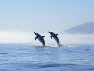 Naklejka premium majestic dolphins breaching ocean surface in perfect synchronization, crystal water droplets, sunlit spray, azure backdrop