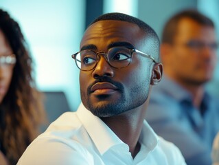 Obraz premium Professional Business Meeting Scene with Intense Gaze and Modern Office Attire