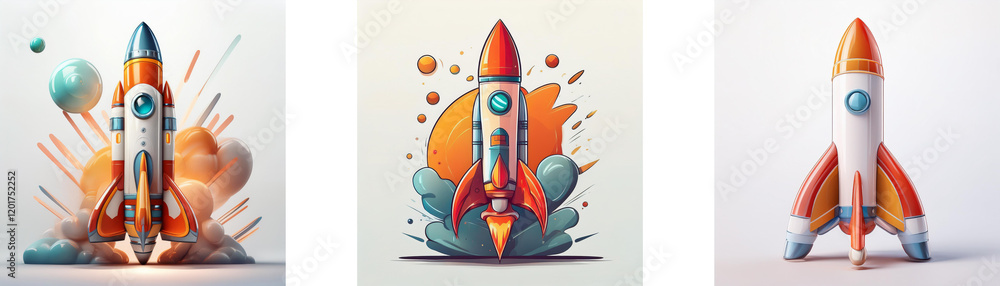 Aufkleber Three stylized rockets poised for launch, each with unique design and vibrant color schemes, set against dynamic backgrounds.