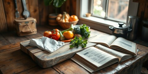 A rustic kitchen table scene with fresh produce, a cookbook, and a wooden cutting board.