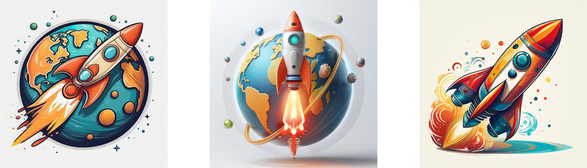 Three vibrant illustrations depict rockets launching from Earth, showcasing dynamic flight and fiery trails against a cosmic backdrop.