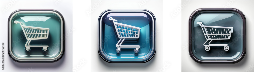 Aufkleber three glossy square buttons feature a shopping cart icon in varying shades of blue and green. the ic