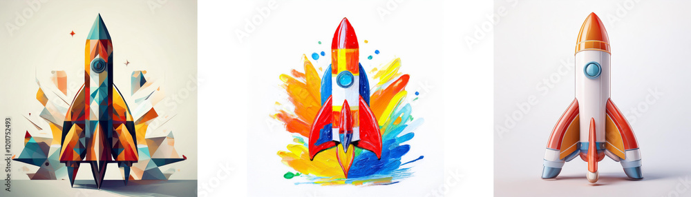 Poster three colorful rockets, each with unique design and style, symbolize launch, innovation, and progres
