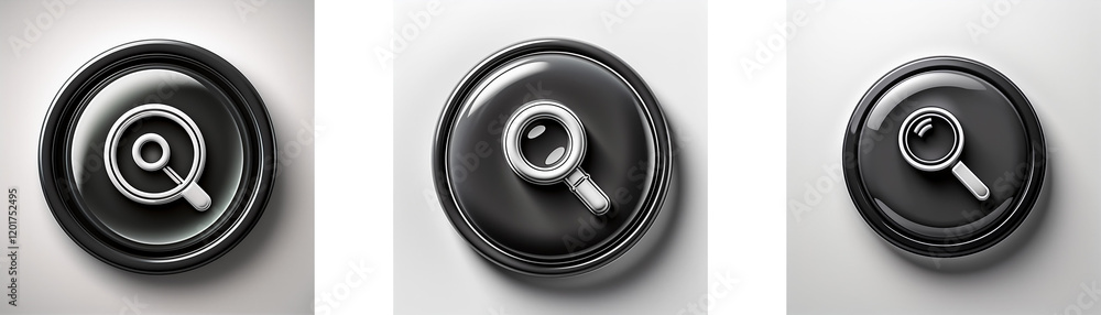 Fototapete Three dark gray circular buttons, each displaying a slightly different version of a magnifying glass icon in light gray.  The icons vary in size and detail.