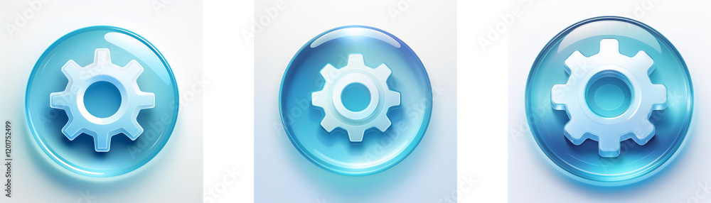 Poster three glossy blue circular buttons feature a central light-blue gear icon; representing settings, op