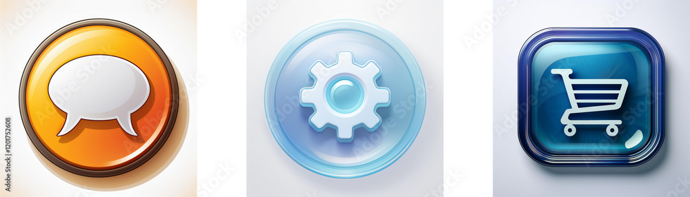 Poster three glossy buttons depict communication, settings, and shopping. each button features a distinct i