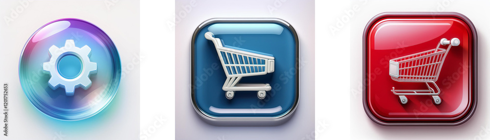 Aufkleber three glossy buttons depict settings, shopping cart (blue), and shopping cart (red). ideal for app d