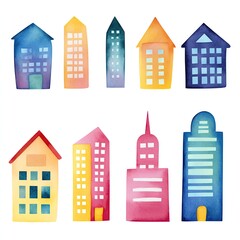 Fototapeta premium water color set collection AI learning innovation concept Colorful watercolor illustrations of buildings. illustration style