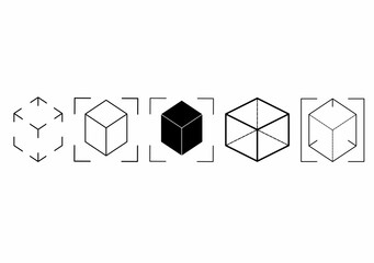 set of Augmented Reality icons featuring 3D cubes on various styles: navigation guides, solid, transparant, and outline.