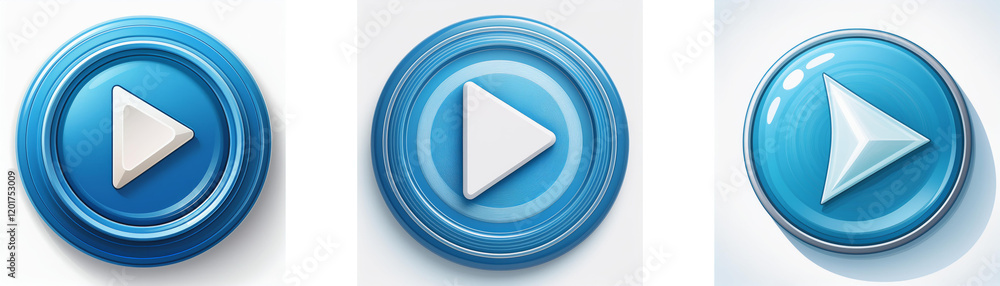 Leinwandbilder Three glossy blue circular buttons feature a white play symbol, each with varying design details.  They represent media controls.