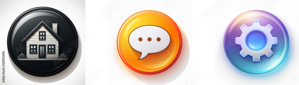 Poster Three glossy circular buttons depict home, message, and settings.  Simple icons symbolize key functions.
