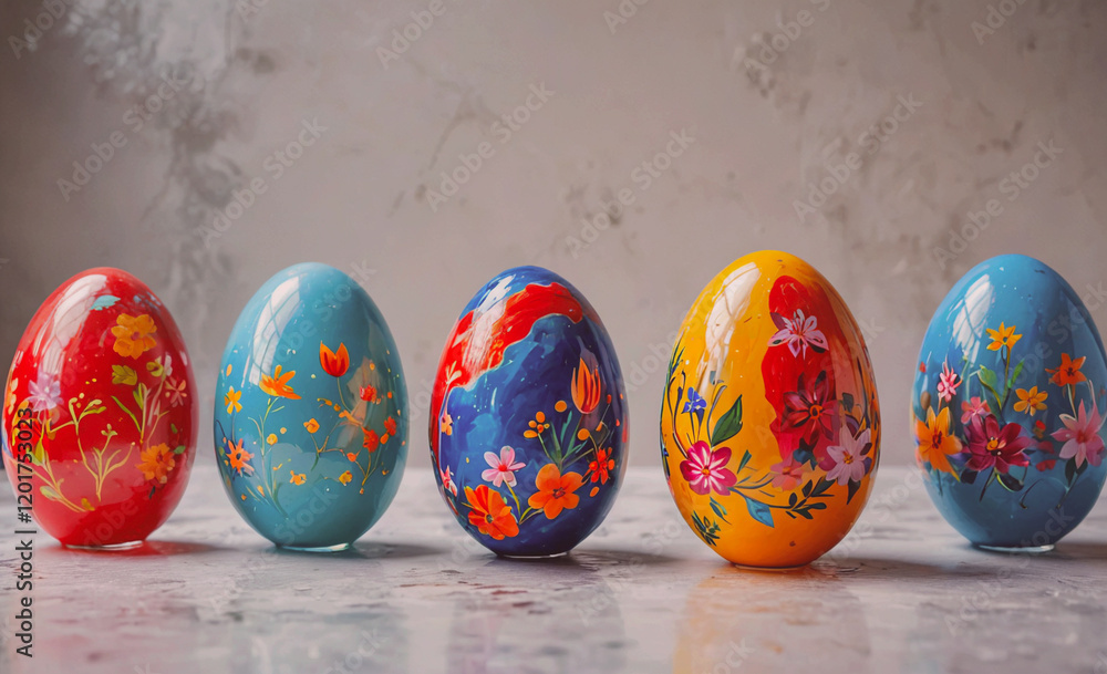Aufkleber A row of painted eggs with flowers on them. The eggs are of different colors and sizes. The arrangement of the eggs creates a sense of harmony and balance. The flowers on the eggs add a touch of
