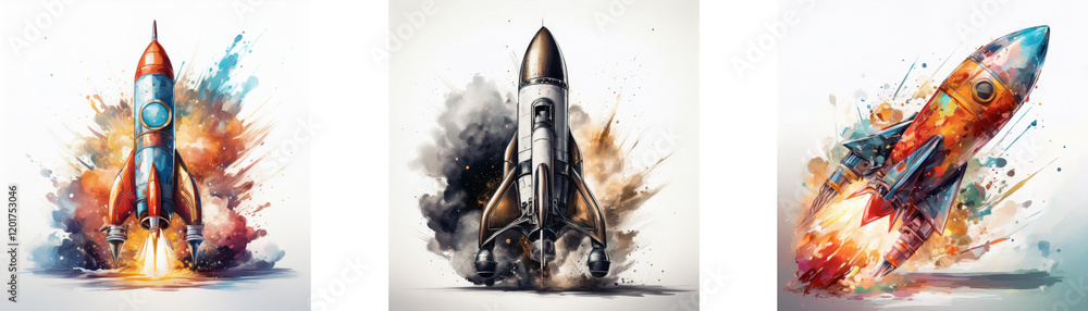 Poster three rockets launch, vibrant colors burst from their fiery trails against a white backdrop. a visua