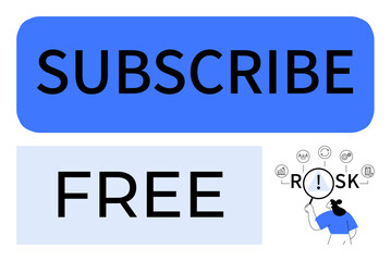 Large subscribe button, free option, woman analyzing risk with icons. Ideal for subscriptions, marketing, decision-making, user engagement, digital offers, strategy abstract line flat metaphor