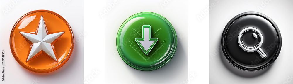 Poster three glossy circular buttons showcase distinct symbols: a star, a downward arrow, and a magnifying 