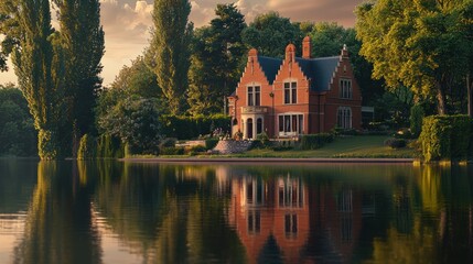 Fototapeta premium Waterfront brick house sunset reflection.