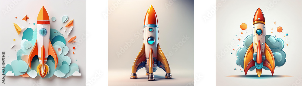 Poster three vibrant rockets, rendered in diverse styles, symbolize adventure, innovation, and a journey in