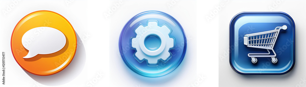 Leinwandbilder Three glossy buttons depict communication, settings, and shopping.  Each button features a simple, intuitive icon for user-friendly interface design.
