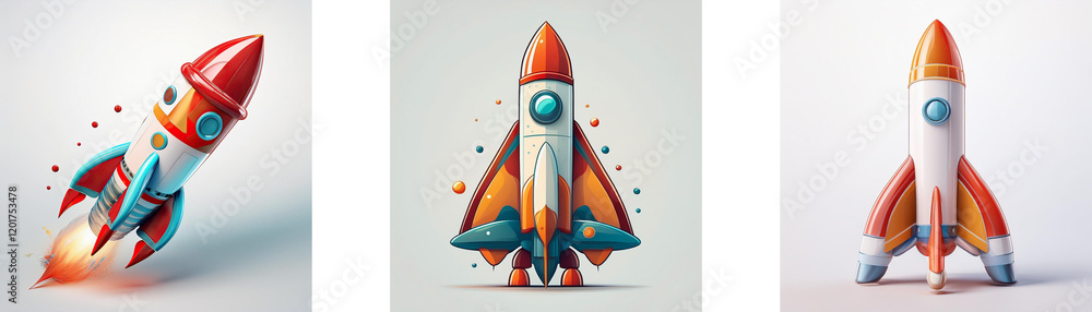 Poster three stylized rockets, in various positions, ready for launch. each displays vibrant colors and a c