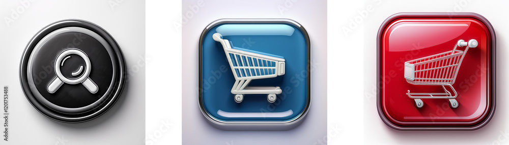 Poster three glossy buttons: a magnifying glass, a shopping cart on blue, and a shopping cart on red. repre