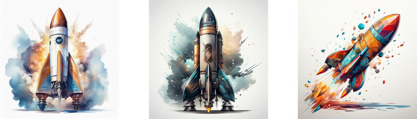Naklejka premium Three watercolor rockets launching, showcasing vibrant colors and dynamic motion. Each rocket has unique design and fiery trail.