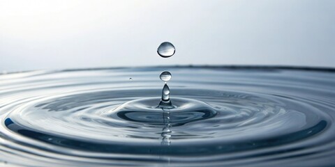 A small transparent water droplet hovering in air, surrounded by undulating circular ripples, droplet effect, science