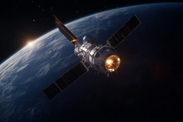 Obraz premium Space Station Orbits Earth Illuminated by Sunlight During Twilight Hours