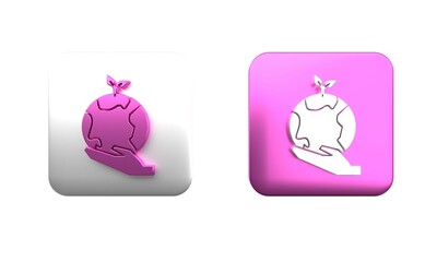 Colorful Human hand holding Earth globe icon isolated on white background. Save earth concept. Square button. 3D render illustration