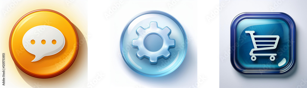 Poster three glossy buttons depict communication, settings, and shopping cart icons. perfect for app design
