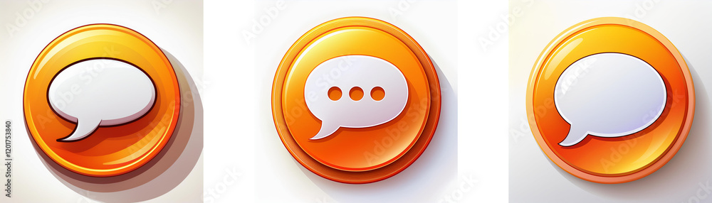Aufkleber three glossy orange circular buttons feature white speech bubbles; one empty, one with three dots, a