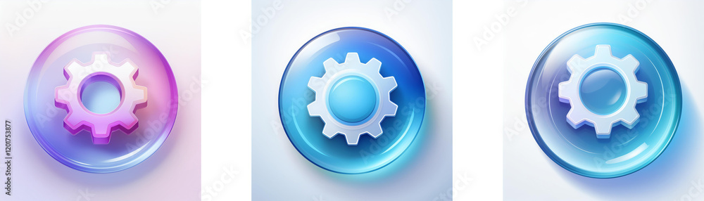 Leinwandbilder three glossy circular buttons feature a gear icon in varying colors: purple, light blue, and dark bl