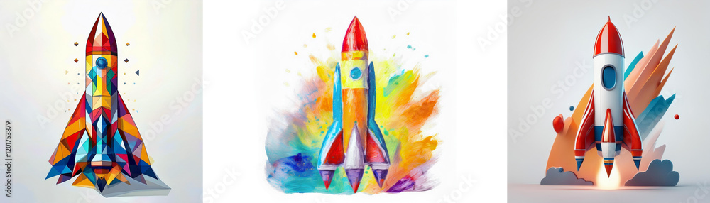Poster three colorful rockets depict launch, innovation, and progress. each rocket showcases a unique artis