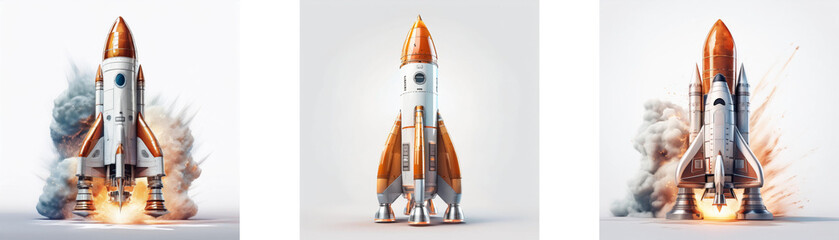 Obraz premium Three rockets launching, surrounded by smoke and fire, represent a journey into the unknown.