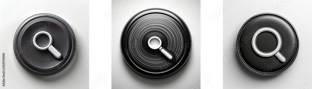 Leinwandbilder three circular, dark gray buttons feature a white magnifying glass symbol; variations in design and 