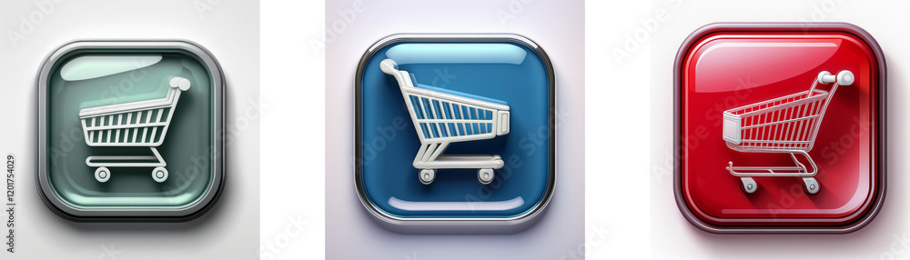 Aufkleber Three glossy square buttons feature a shopping cart icon in varying colors: green, blue, and red.  Each button displays a realistic, three-dimensional shopping cart.