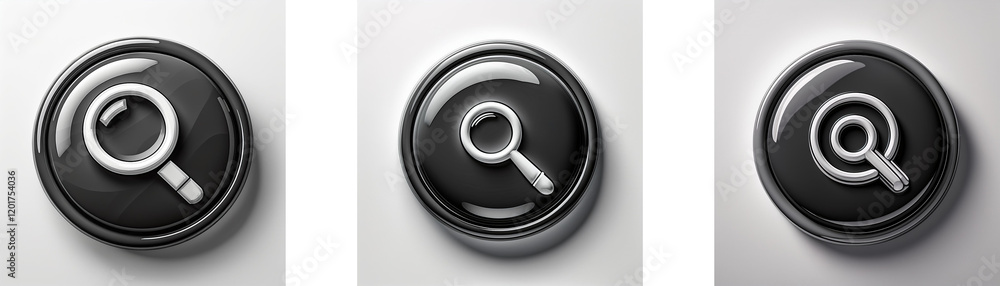 Aufkleber Three glossy black circular buttons feature a magnifying glass icon in varying styles.  Each button is subtly outlined in silver.