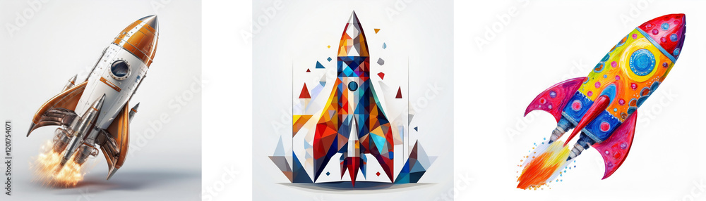 Aufkleber Three unique rocket illustrations showcase diverse artistic styles.  One is realistic, another geometric, and the third playful and colorful.  They represent different approaches to a common theme of 