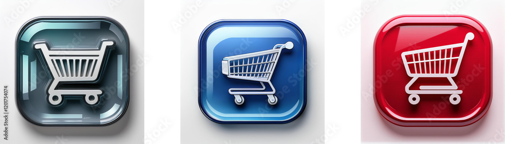 Poster three glossy square buttons display a shopping cart icon in different colors: teal, blue, and red. t