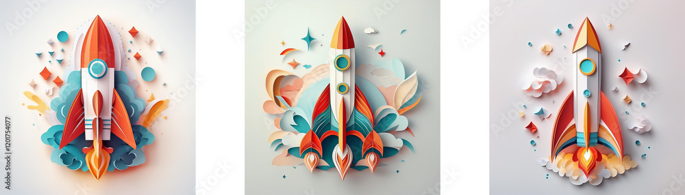 Poster three vibrant paper rockets, each with unique color schemes and swirling designs, represent innovati