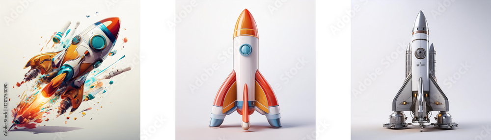 Aufkleber three unique rocket illustrations; one dynamic, one minimalist, and one realistic. a visual explorat