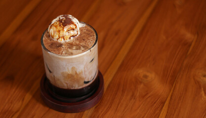 ice cream float cappucino on wooden table