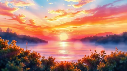 Naklejka premium A fiery sunset paints the sky with vibrant hues, casting a golden glow on the tranquil lake and misty hills.