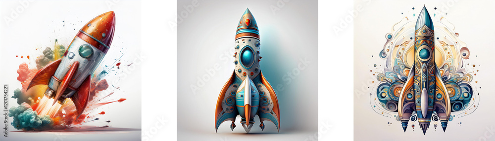 Poster three vibrant rockets, each with unique design and style, ready for launch. one bursts with color, a