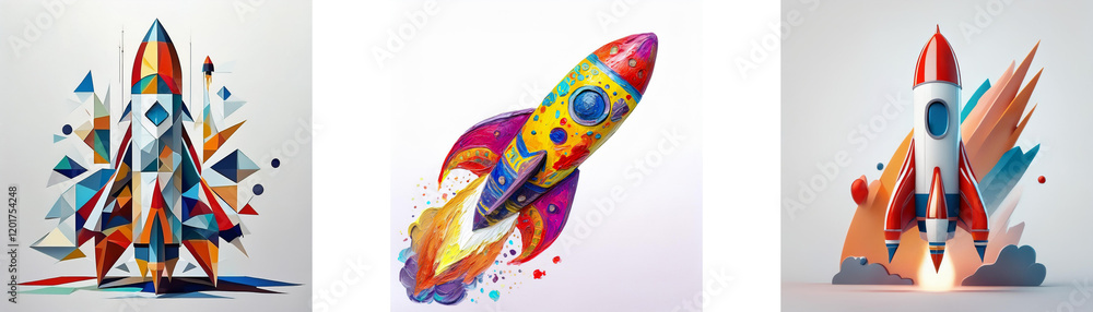 Aufkleber three vibrant rockets, each uniquely styled, burst with color and dynamic energy, symbolizing launch