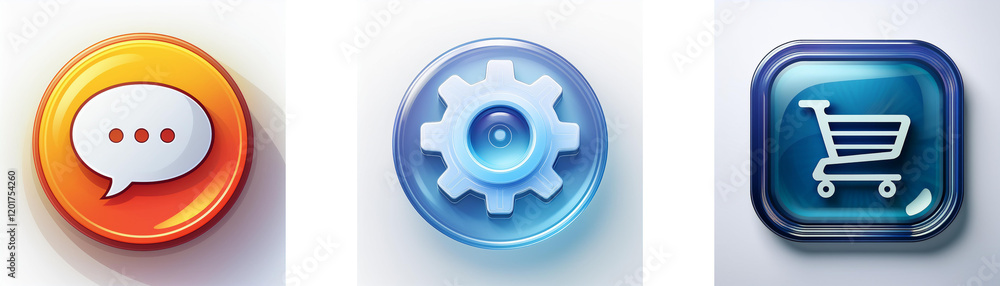 Poster Three glossy buttons depict communication, settings, and shopping.  Each button features a distinct icon, showcasing different app functions.