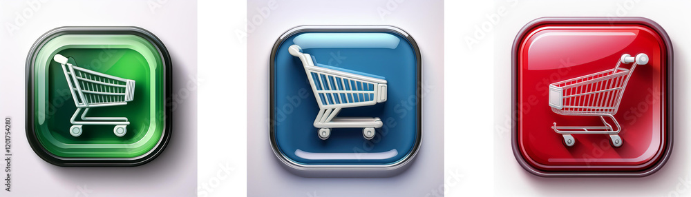 Poster three glossy square buttons feature shopping cart icons in green, blue, and red. each button has a r